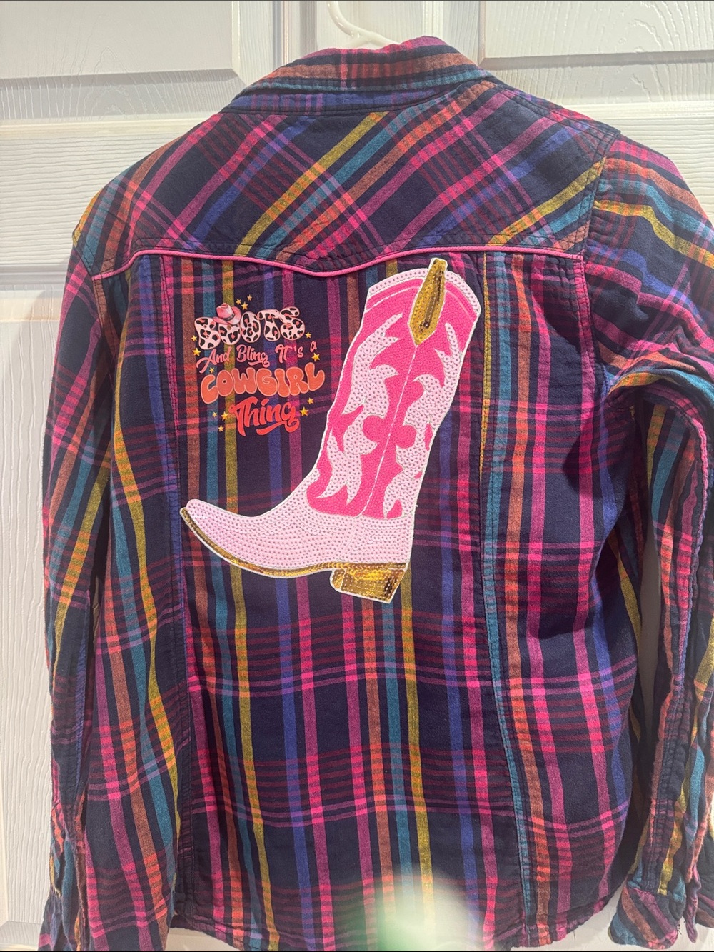 Women’s  Multicolor Plaid Shirt with Pink Cowboy Boot Patch
